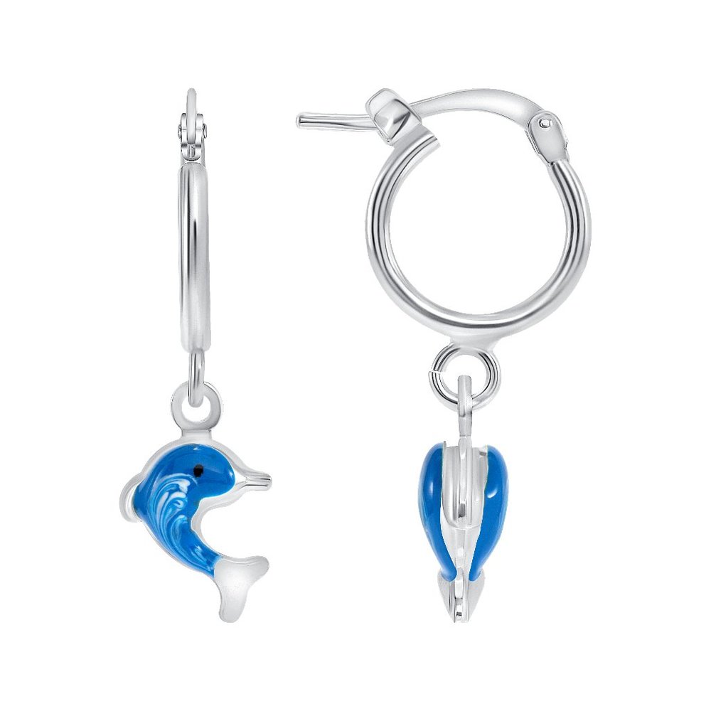 STERLING SILVER 925 RHODIUM PLATED ENAMELED DANGLE BLUE DOLPHIN HOOP EARRINGS